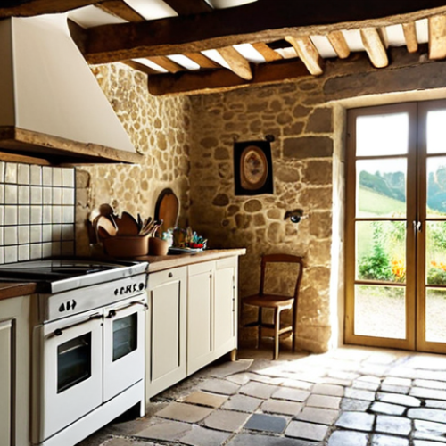 Home 4 **
A cozy, renovated old farmhouse kitchen in the French countryside. Focus on the blend of old and new: original exposed beams, a restored stone wall, and repurposed vintage cement tiles on the floor. Sunlight streams through a large window. Modern appliances are subtly integrated. The overall feel is warm, inviting, and authentic. Use natural light and a shallow depth of field. Keywords: French farmhouse, renovated, kitchen, rustic, vintage, modern, exposed beams, stone wall, cement tiles, sunlight, cozy, authentic.
**
