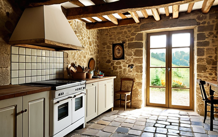 **
A cozy, renovated old farmhouse kitchen in the French countryside. Focus on the blend of old and new: original exposed beams, a restored stone wall, and repurposed vintage cement tiles on the floor. Sunlight streams through a large window. Modern appliances are subtly integrated. The overall feel is warm, inviting, and authentic. Use natural light and a shallow depth of field. Keywords: French farmhouse, renovated, kitchen, rustic, vintage, modern, exposed beams, stone wall, cement tiles, sunlight, cozy, authentic.
**