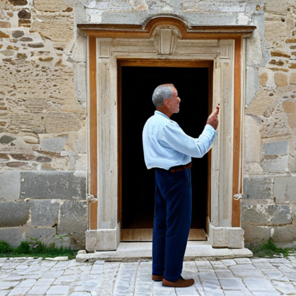 A professional adult homeowner, fully clothed in modest, appropriate attire, stands respectfully near an ancient limestone wall with an ornate wooden frame, subtly pointing to a nearly invisible, ultra-thin wireless security sensor discreetly installed on the window frame of a classic French 'maison de maître'. The room features traditional parquet flooring and authentic wooden beams, with soft natural light entering through the window, revealing charming blue shutters outside. The image emphasizes the seamless integration of modern, cutting-edge technology with historical architecture. Perfect anatomy, correct proportions, natural pose, well-formed hands, proper finger count, natural body proportions, professional photography, high quality, safe for work, appropriate content, fully clothed, professional, modest, family-friendly.