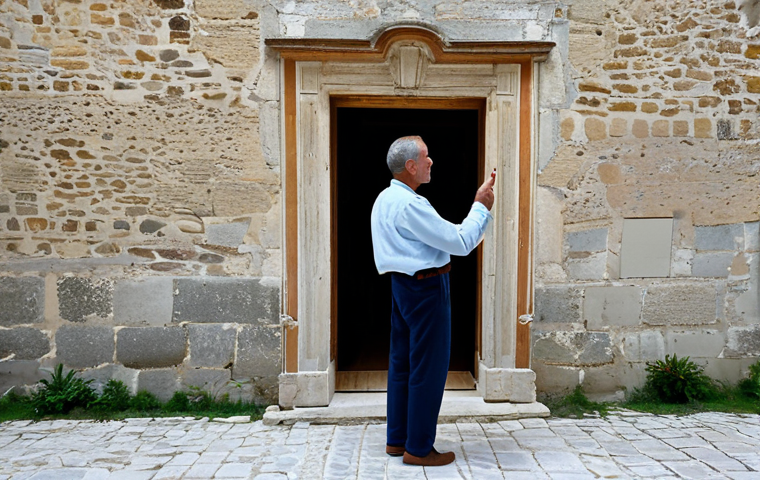 A professional adult homeowner, fully clothed in modest, appropriate attire, stands respectfully near an ancient limestone wall with an ornate wooden frame, subtly pointing to a nearly invisible, ultra-thin wireless security sensor discreetly installed on the window frame of a classic French 'maison de maître'. The room features traditional parquet flooring and authentic wooden beams, with soft natural light entering through the window, revealing charming blue shutters outside. The image emphasizes the seamless integration of modern, cutting-edge technology with historical architecture. Perfect anatomy, correct proportions, natural pose, well-formed hands, proper finger count, natural body proportions, professional photography, high quality, safe for work, appropriate content, fully clothed, professional, modest, family-friendly.
