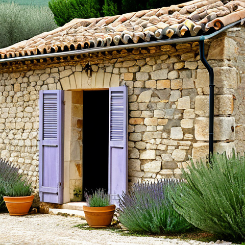 A serene traditional Provençal farmhouse nestled within a sun-drenched landscape of olive groves and lavender fields in rural France. The house features ancient, thick stone walls and a terracotta tile roof, with small, strategically placed windows adorned with rustic wooden shutters. A soft, inviting light emanates from within, suggesting a cool, naturally regulated interior temperature. Professional photography, high detail, architectural photography, natural lighting, well-maintained building, structurally sound, perfect anatomy, correct proportions, natural pose, safe for work, appropriate content, family-friendly, professional quality.