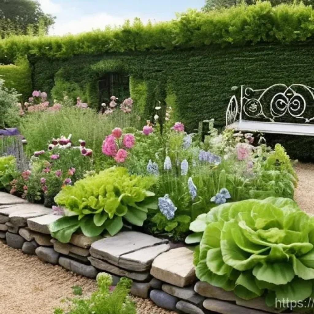 전통주택 조경 - **A traditional French countryside garden in late spring.** The scene features a charming, old stone...