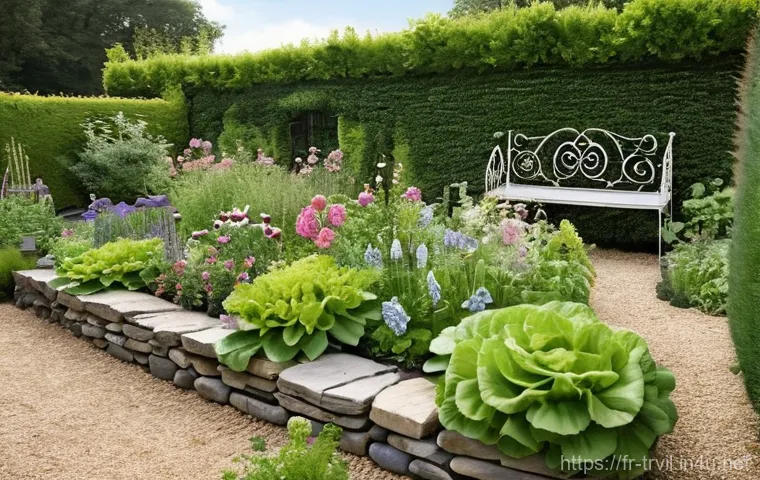 전통주택 조경 - **A traditional French countryside garden in late spring.** The scene features a charming, old stone...