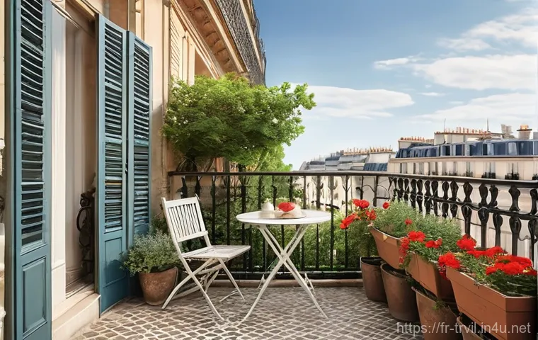 전통주택의 발코니와 테라스 - **Prompt: "An elegant, narrow Parisian Haussmannian balcony on the 5th floor, bathed in soft, early ...