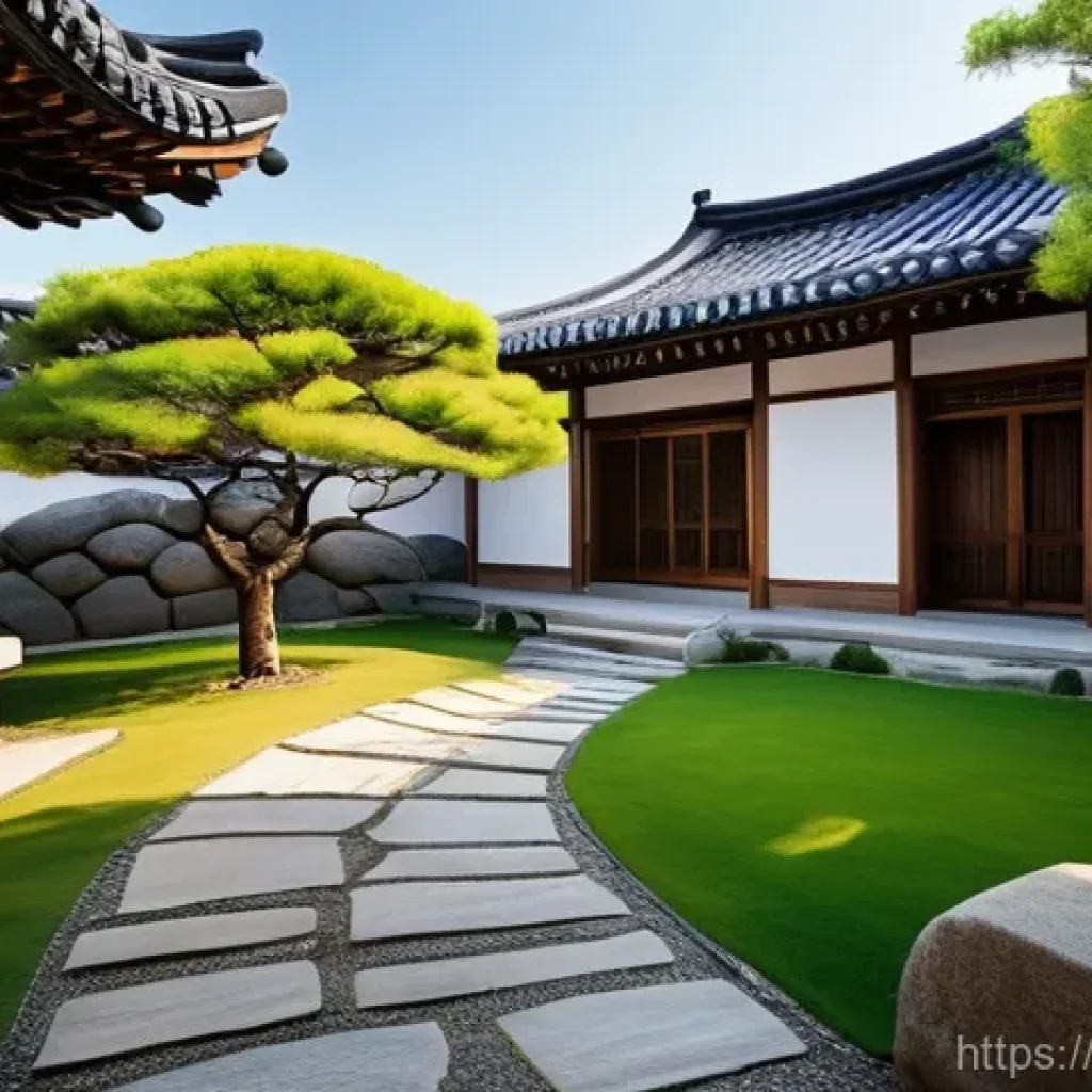 한옥 디자인 트렌드 - **Prompt:** A serene and picturesque traditional Hanok exterior, showcasing the elegance of its curv...