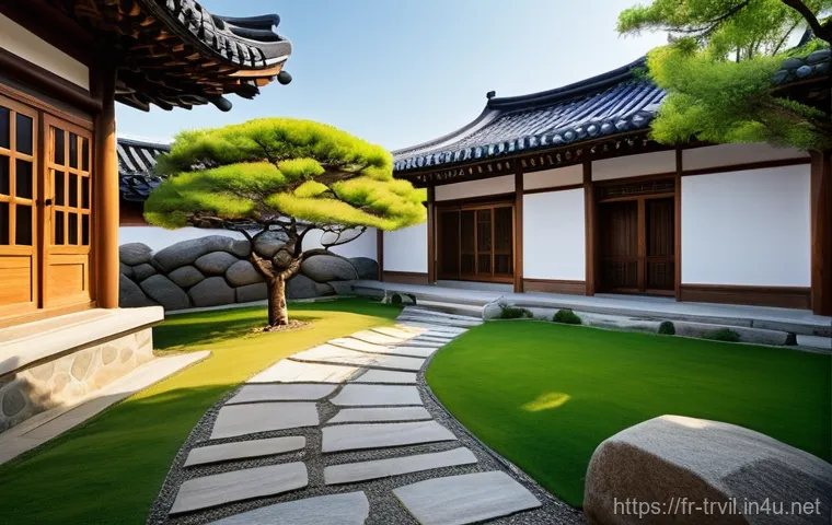 한옥 디자인 트렌드 - **Prompt:** A serene and picturesque traditional Hanok exterior, showcasing the elegance of its curv...